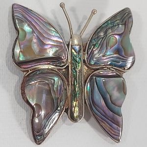 Vintage Alpaca Silver and Abalone Butterfly Brooch Mexican Butterfly Pin